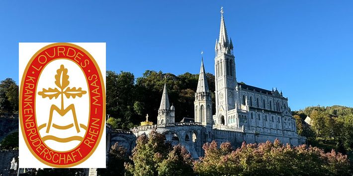 Die Rosenkranzbasilika in Lourdes – Ziel vieler Pilgerinnen und Pilger und geistliches Zentrum der Krankenbruderschaft Rhein-Maas-Niederrhein. | Foto: Anselm Thissen Rosenkranzbasilika im Wallfahrtsort Lourdes in Südfrankreich vor blauem Himmel, mit eingeblendetem Logo der Lourdes-Krankenbruderschaft Rhein-Maas-Niederrhein.